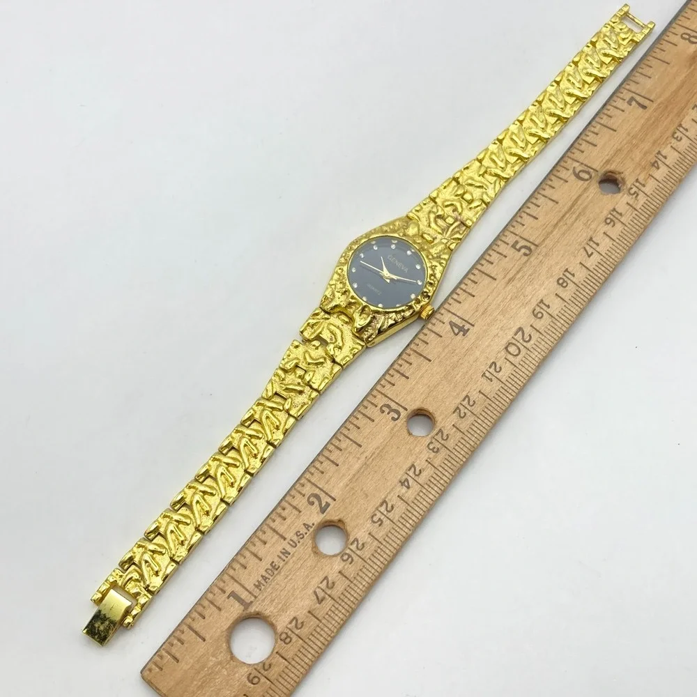 Geneva Womens Watch 24mm Gold Tone Nugget Style Band Black Dial New Battery 7.25
